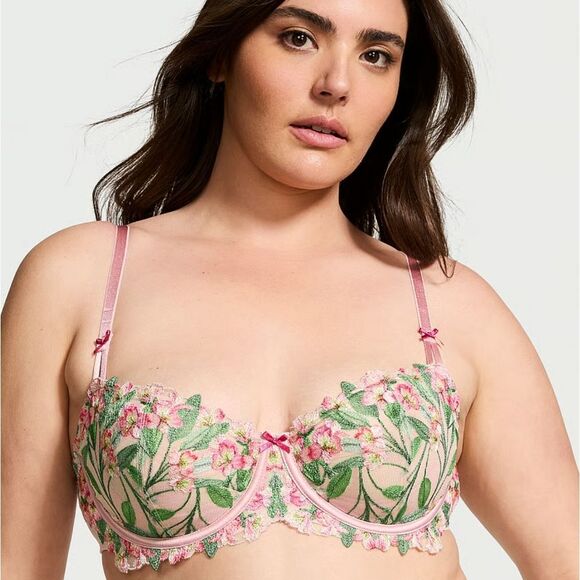 Victoria’s Secret Chalk Rose Embroidery Wicked Unlined Balconette Bra 40C XL - Picture 1 of 9